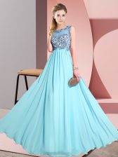 Dazzling Aqua Blue Sleeveless Floor Length Beading and Appliques Backless Court Dresses for Sweet 16