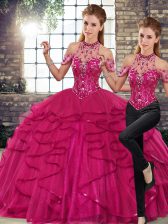 Decent Sleeveless Floor Length Beading and Ruffles Lace Up Sweet 16 Quinceanera Dress with Fuchsia