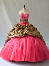 Shining Coral Red Lace Up V-neck Beading and Pick Ups Quinceanera Gown Organza Sleeveless