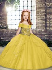 Perfect Floor Length Yellow Winning Pageant Gowns Tulle Sleeveless Beading