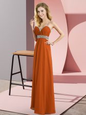 High End Rust Red Chiffon Criss Cross Straps Sleeveless Floor Length Dress for Prom Beading