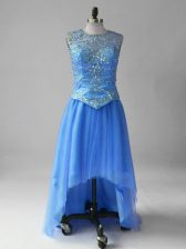  Blue Sleeveless High Low Beading Lace Up Prom Evening Gown