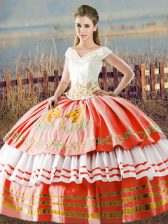 New Style Floor Length White And Red Vestidos de Quinceanera Satin Sleeveless Embroidery and Ruffled Layers