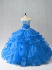 Decent Blue Sweetheart Neckline Beading and Ruffles Sweet 16 Quinceanera Dress Sleeveless Lace Up