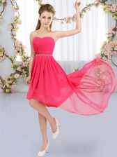 Perfect Chiffon Strapless Sleeveless Lace Up Beading Vestidos de Damas in Hot Pink