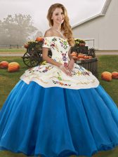 Gorgeous Blue And White 15th Birthday Dress Military Ball and Sweet 16 and Quinceanera with Embroidery Off The Shoulder Sleeveless Lace Up