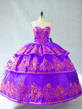  Purple Ball Gowns Sweetheart Sleeveless Organza Floor Length Lace Up Embroidery and Ruffled Layers Quince Ball Gowns