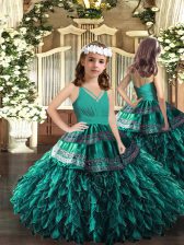 Best Organza V-neck Sleeveless Zipper Appliques and Ruffles Little Girls Pageant Dress in Turquoise