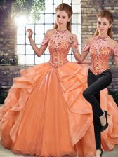 Custom Design Halter Top Sleeveless Lace Up Quince Ball Gowns Orange Organza