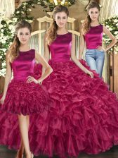  Fuchsia Three Pieces Organza Scoop Sleeveless Ruffles Floor Length Lace Up Quinceanera Dresses