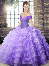 Customized Organza Off The Shoulder Sleeveless Brush Train Lace Up Beading and Ruffled Layers Sweet 16 Dresses in Lavender