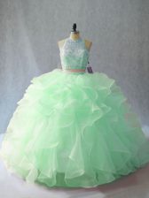 Romantic Apple Green Organza Backless Quince Ball Gowns Sleeveless Brush Train Beading and Ruffles