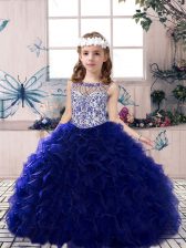  Floor Length Royal Blue Little Girl Pageant Dress Scoop Sleeveless Lace Up