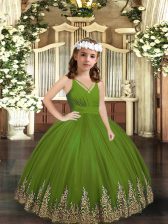 Exquisite Olive Green Sleeveless Floor Length Appliques Zipper Girls Pageant Dresses