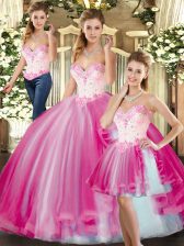 Flare Floor Length Lace Up Sweet 16 Quinceanera Dress Fuchsia for Sweet 16 and Quinceanera with Beading