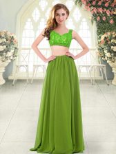  Olive Green Two Pieces Straps Sleeveless Chiffon Floor Length Zipper Beading and Lace Homecoming Dress