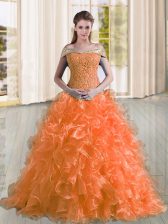 Trendy Orange Off The Shoulder Neckline Beading and Lace and Ruffles 15 Quinceanera Dress Sleeveless Lace Up