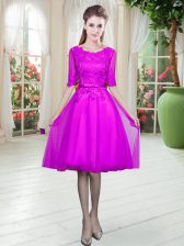 Cheap Empire Dress for Prom Fuchsia Scoop Tulle Half Sleeves Knee Length Lace Up