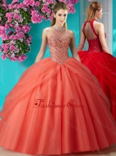 Recommended Halter Top Beaded and Applique Quinceanera Dress in Orange Red SJQDDT618002FOR