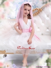 Beautiful White Little Girl Pageant Dress with Baby Pink Waistband and Hand Made Flower WMDLG034FOR